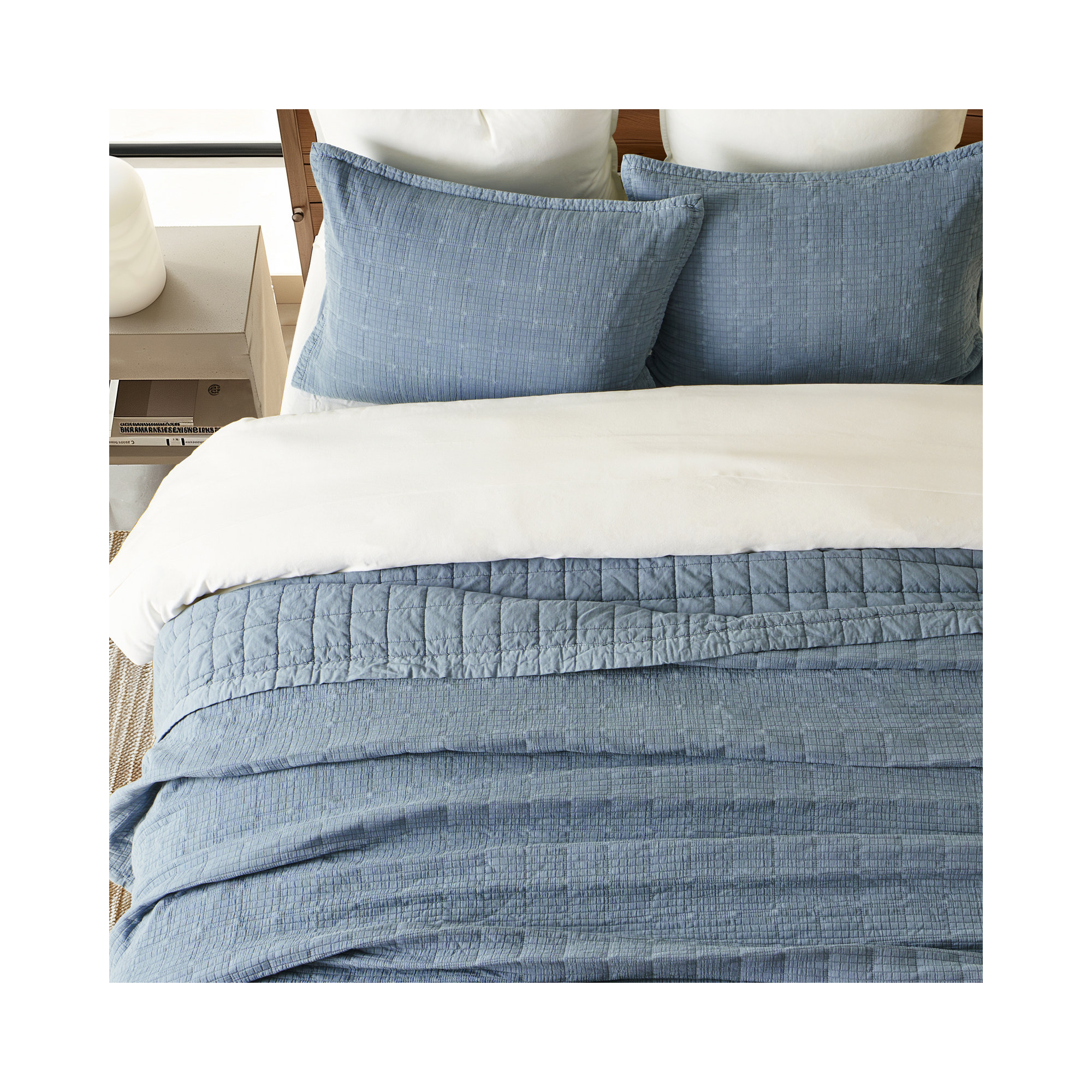 Stonewashed Crinkle Cotton Box Stitch Quilt Set, Sonoma Blue, King Quilt + 2 King Shams