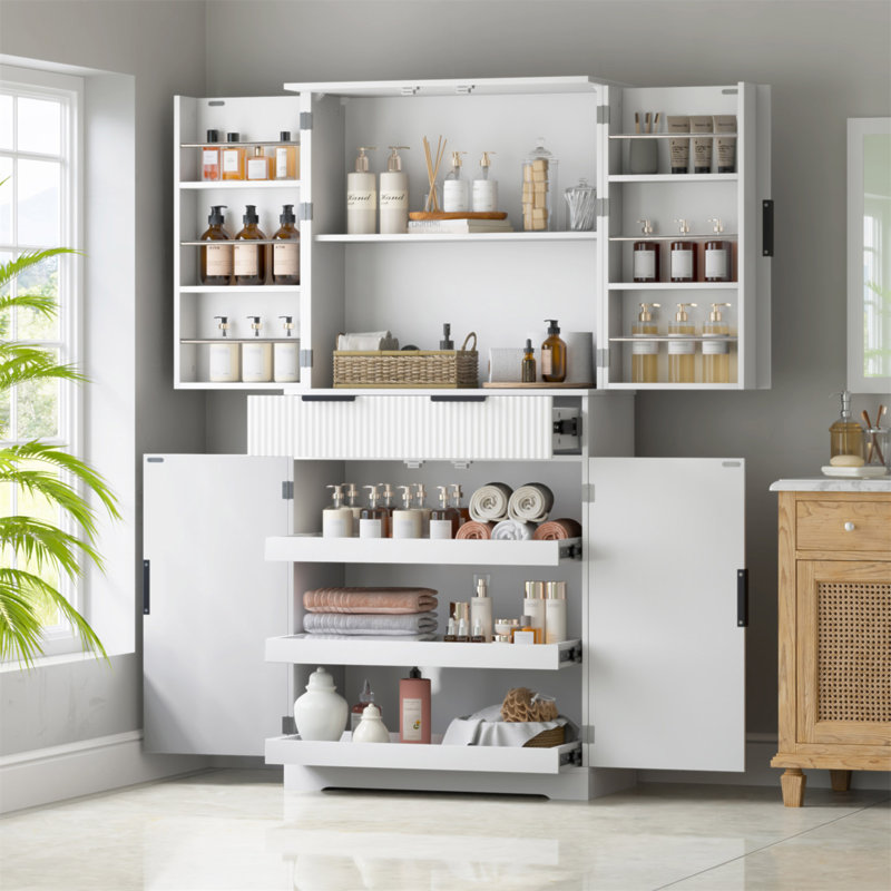 Armoire de cuisine 72 "cannelée avec 3 tiroirs à clavier et 6 tablettes de porte, armoire de rangement autoportante réglable pour la salle de bain, la salle à manger, le bureau, le vestibule, blanc