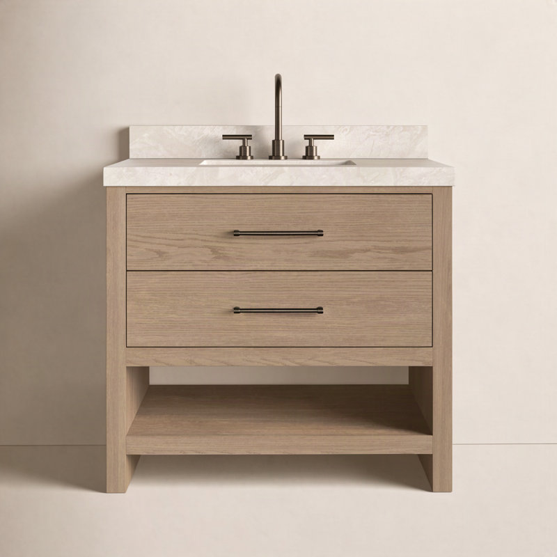 Anthem Single Vanity, Satin Light Wash Oak, Sand Marble