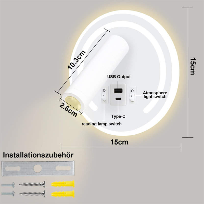 Wall-Mounted Rotating Bedside Lamp, White