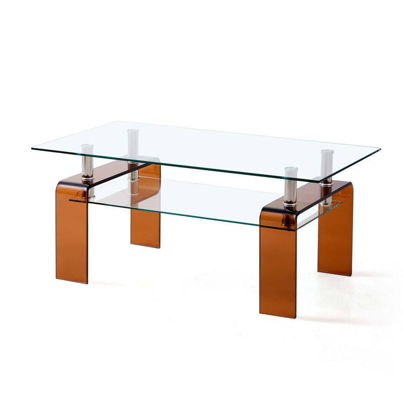 Table basse en verre trempé, table basse moderne en verre pour le salon, table basse avec rangement à 2 niveaux avec pieds