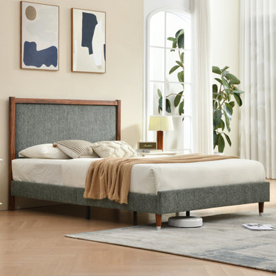 Upholstered Platform Bed with Fabric Headboard and Wood Trim, Modern Bed Frame with Wooden Slat Support, No Box Spring Needed
