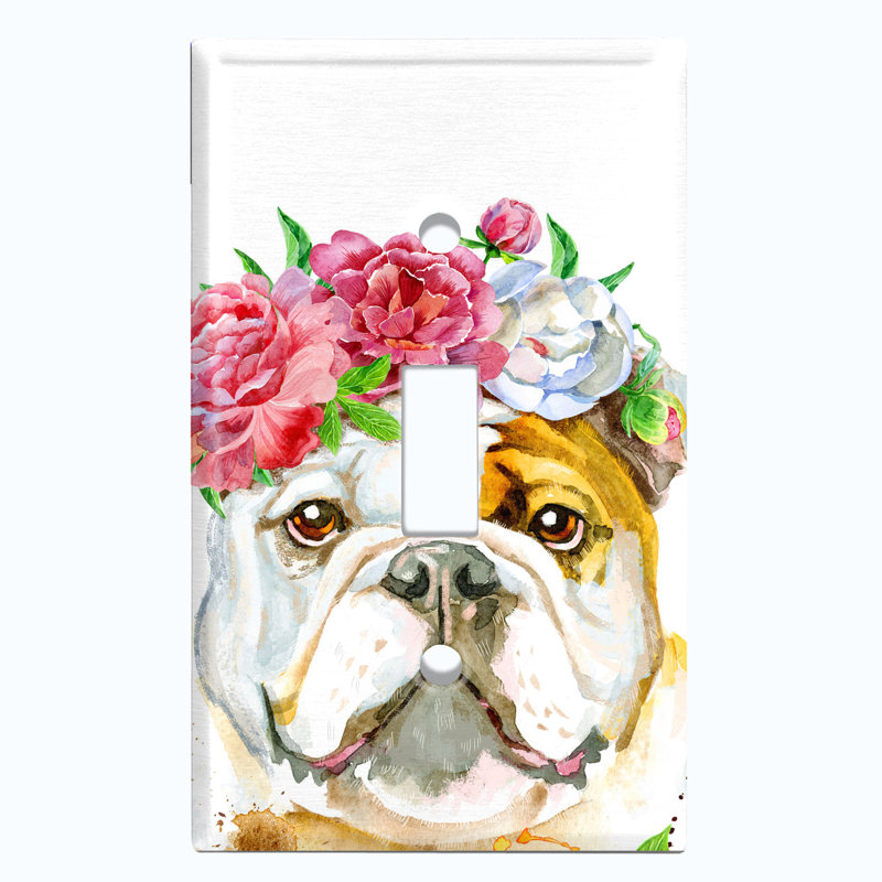 Mignon bouledogue avec couronne de fleurs et plaque murale
