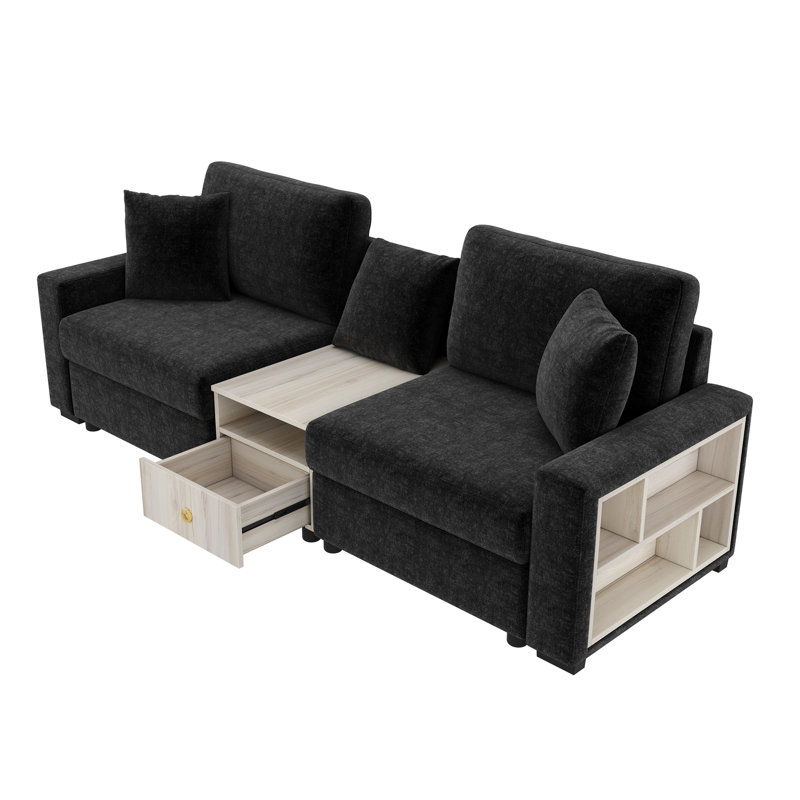 Canapé modulaire en chenille 95,7 po avec accoudoirs de rangement et console centrale pour le salon, Noir