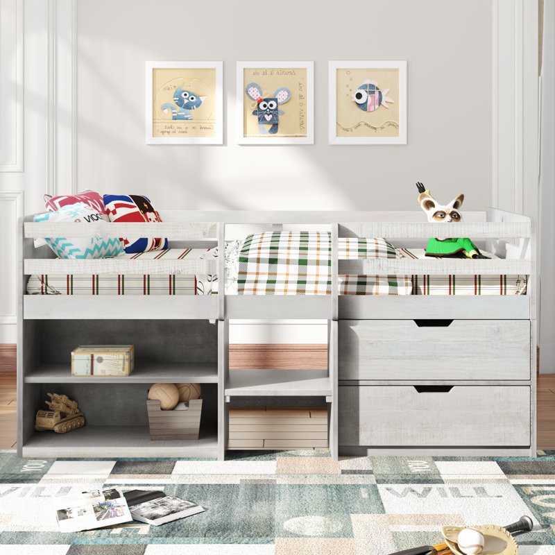 Lit mezzanine simple avec rangement Alivio, Blanc antique