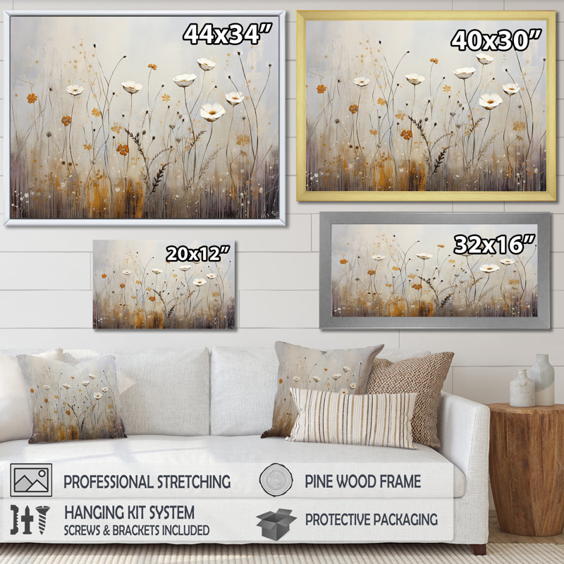 Beige, Wildflowers brise - Art mural fleurs sauvages, Cadre flottant noir, H 24 po x l 32 po x P 1 po