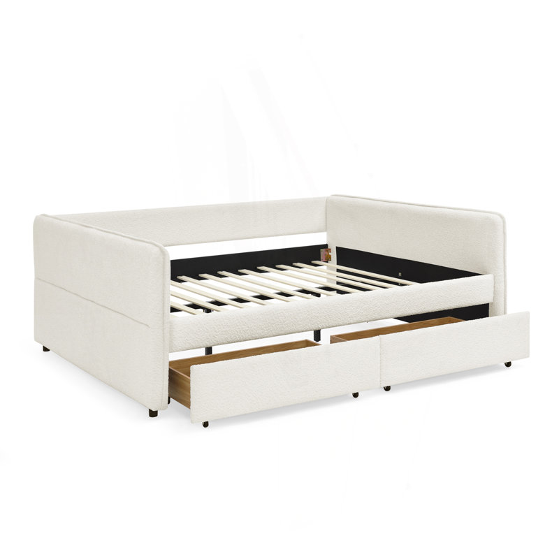 Lit de jour avec couchette rembourrée et capitonnée, avec deux tiroirs, grand, tissu bouclé, Beige