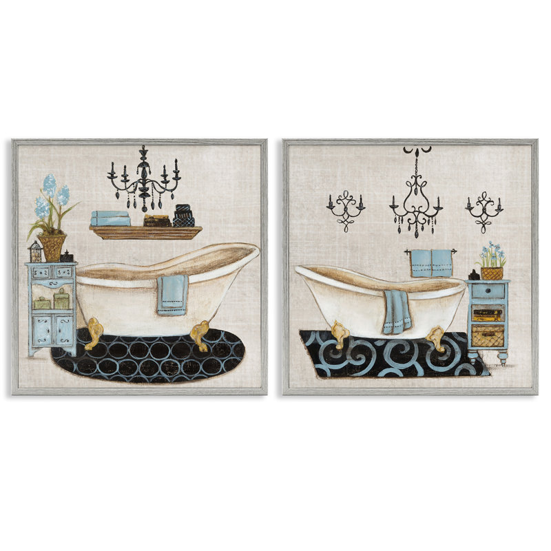 Ensemble de 2 giclées bleues pour salle de bain Blue Relaxation, design par Janet Tava, Estampe numérique Farmhouse