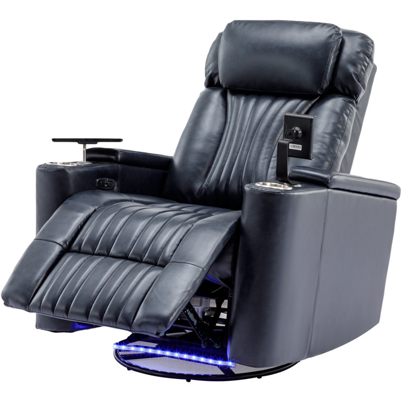 270° Power Swivel Recliner,Home Theater Seating With Hidden Arm Storage And LED Light Strip,Cup Holder,360° Swivel Tray Table,And Cell Phone Holder,Soft Living Room Chair,Blue