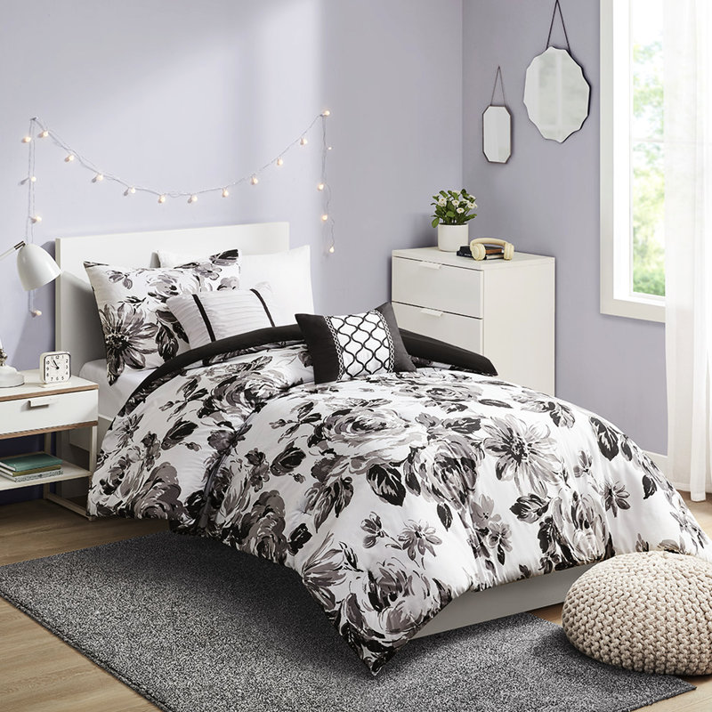 Édredon simple / simple TG - Motif floral noir et blanc, oreillers lavables, microfibre douce