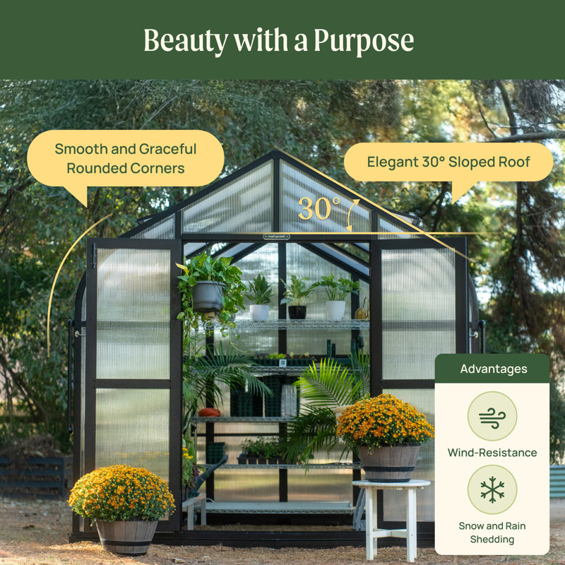 Pacific 8.5ft Wide Outdoor Metal Polycarbonate Greenhouse, 8.5'D