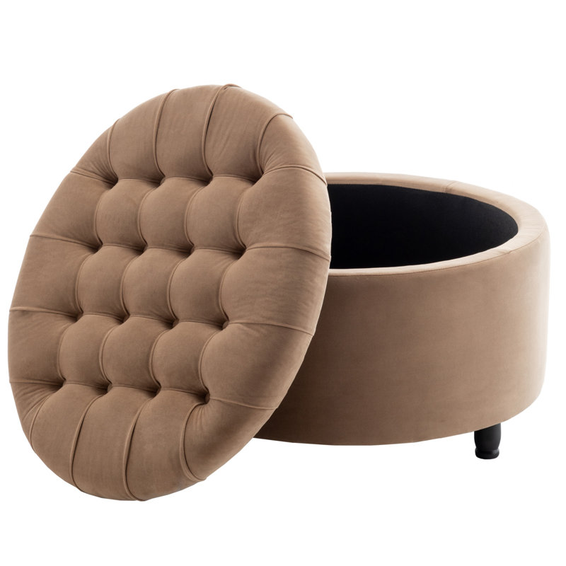 Classic 28-Inch Wide Button Tufted Round Storage Ottoman With Lift-Off Lid, Light Brown