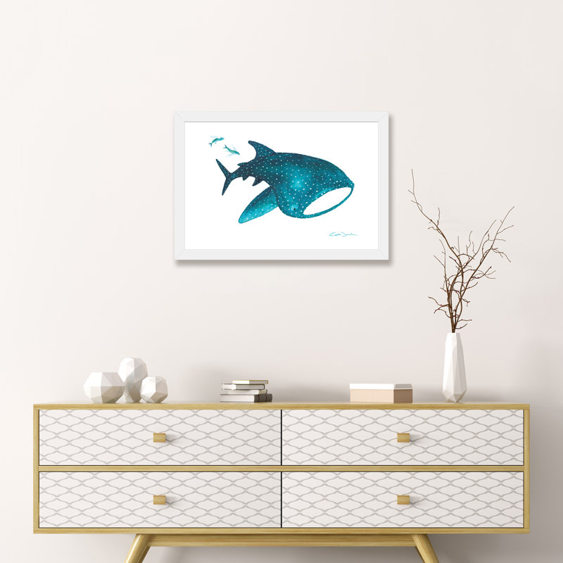 " Whale Shark And Fishes ", White Framed Paper, White, 16" H x 24" W x 1" D