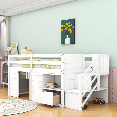 Lit simple mezzanine bas avec escalier intégré et tiroir de rangement, tablettes