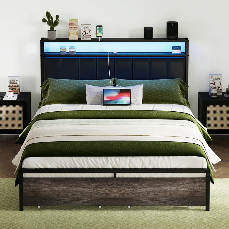 Tryston LED Bed Frame with Drawers and Charging Station, Queen, Rustic Gray