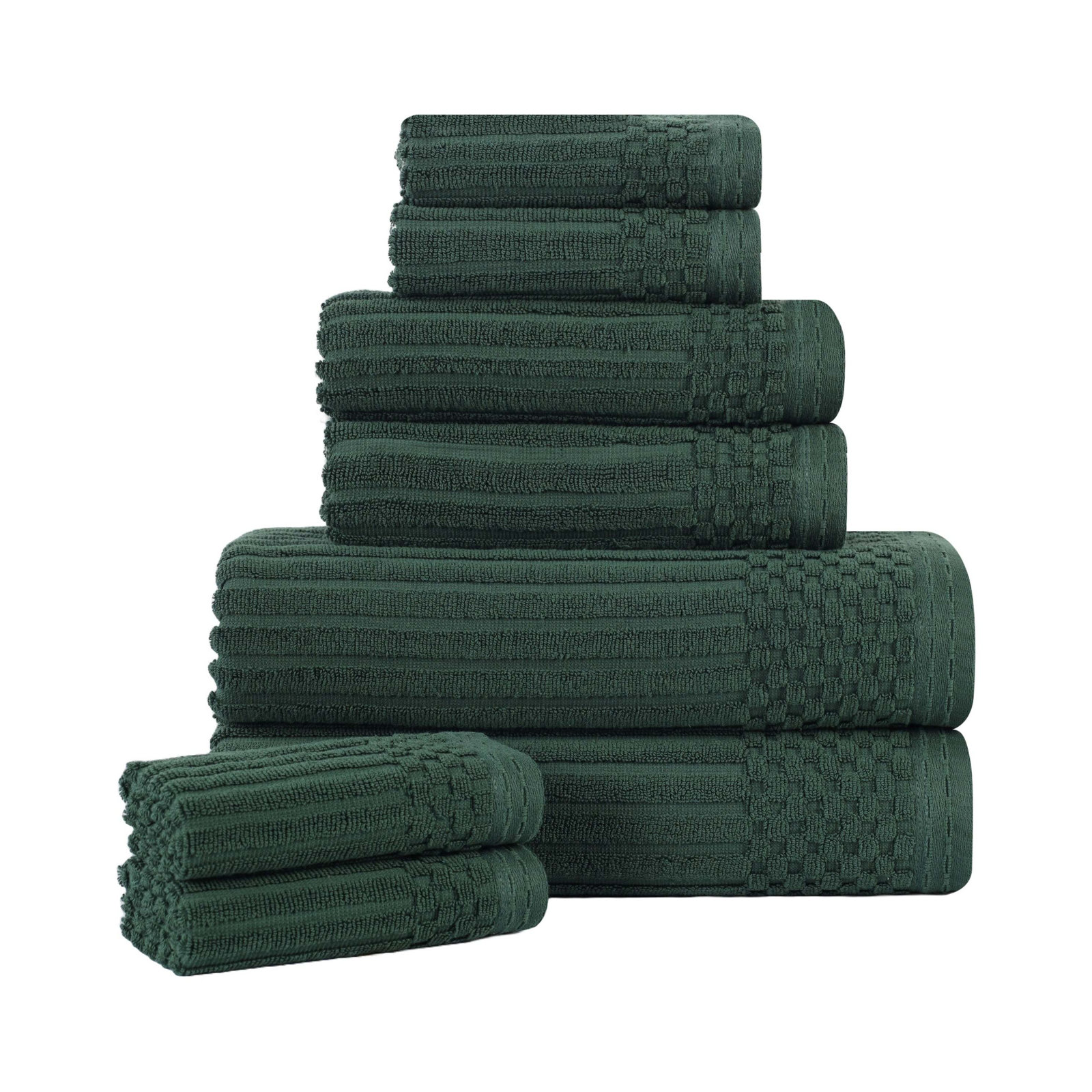 8-Piece Checkered Border Cotton Towel Set, Forest Green, 8 Piece Towel set (2-bath, 3-hand, 3-face)