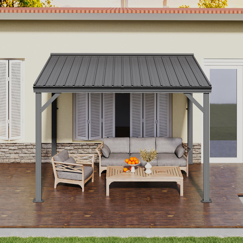 Patio Gazebo Lean to Wall Mounted Pergola with Sloping Galvanized Steel Roof, 92.04" H x 120" W x 96" D