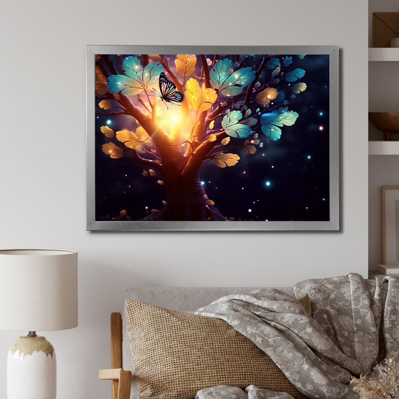 Papillon éthéré brun sur un arbre magique, Cadre simple argenté, H 30 po x l 40 po x P 1,5 po