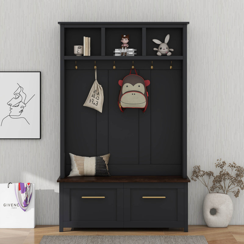 4-In-1 Hall Tree With 6 Golden Hooks, Wood Grain Bench With Multiple Storage Space, Entryway Coat Rack With 2 Drawers, Black