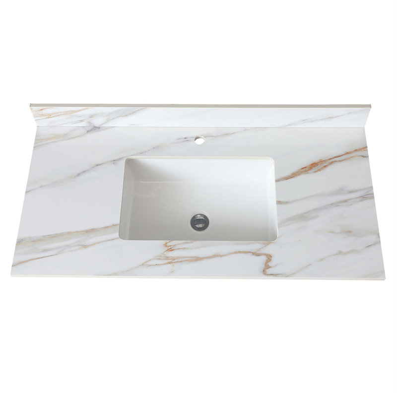Dessus de meuble-lavabo en marbre, comptoir de salle de bain avec lavabo central encastré rectangulaire et dosseret de 4 po de hauteur, comptoir pré-percé, Carrare avec veines