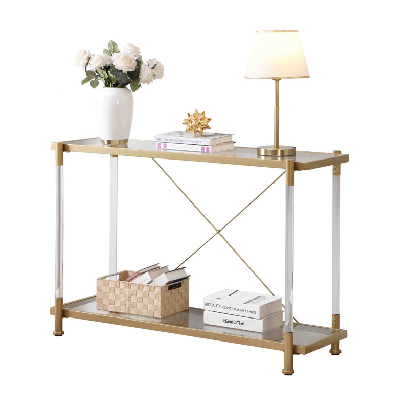 43'' Golden Glass and Metal Console Table with Storage