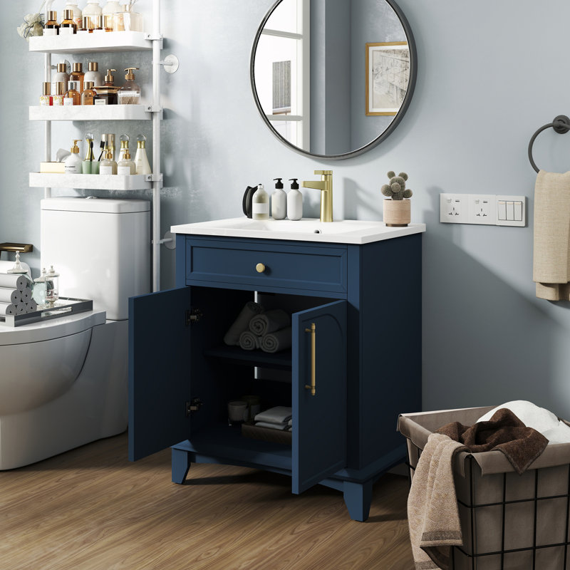 Meuble-lavabo autoportant avec lavabo, tiroirs et poignées en métal, Bleu