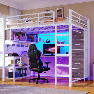 Full Size Loft Bed with L-Shaped Desk & 5 Drawers - Space Saving Loft Bed with LED Lights, Charging Station, Shelves, Clothes Rail for Home Office, Do