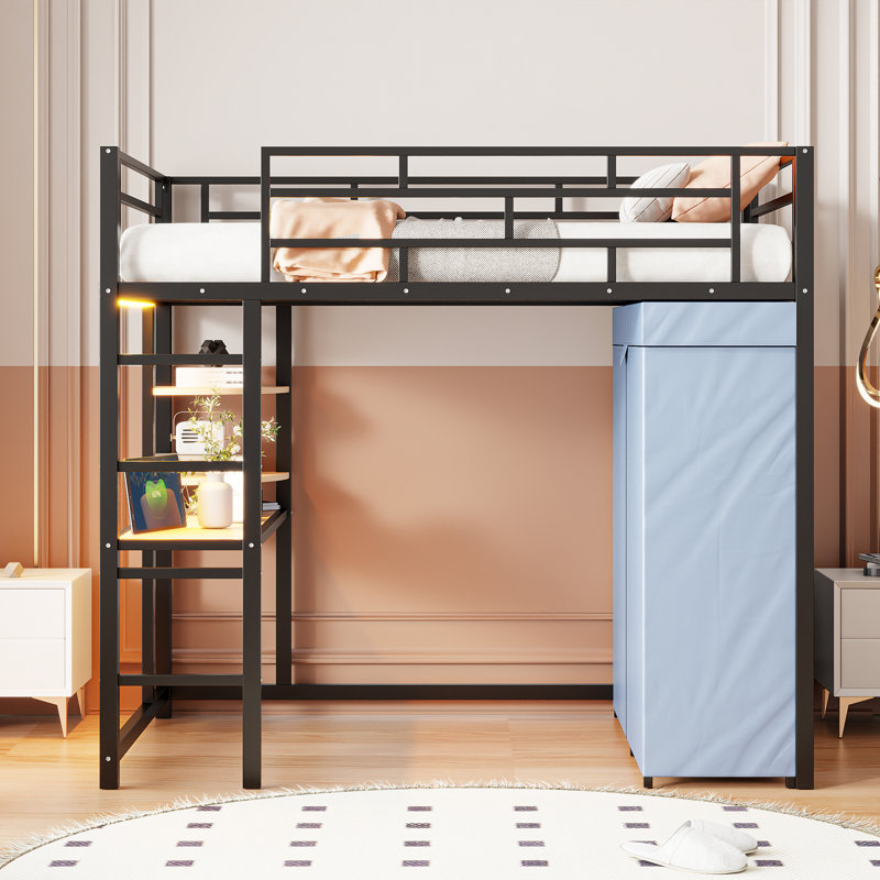 Lit mezzanine simple avec garde-robe de bureau noir, Lit simple, Noir
