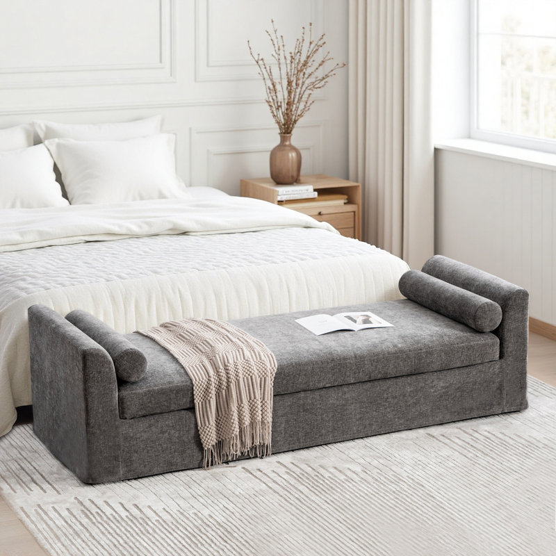88.6"W Chenille Upholstered End of Bed Bench with 2 Bolster Pillows, Gray