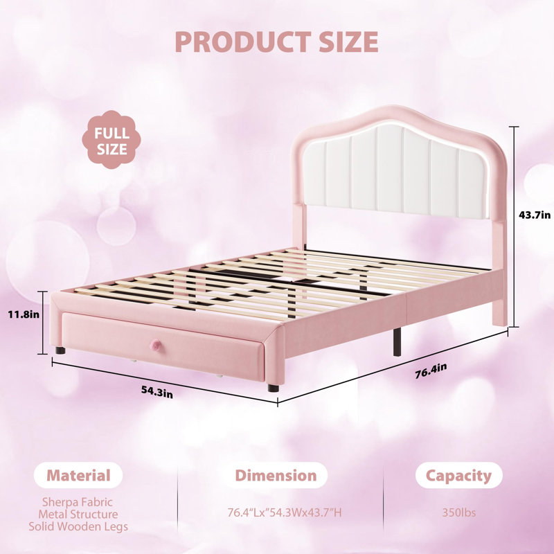 Full Velvet Upholstered Bed Frame with LED Lights, Storage Drawer & Headboard for Kids, Full, Pink