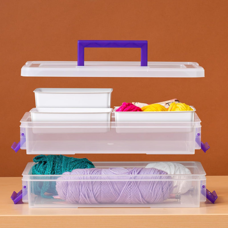 Les bacs de rangement en plastique avec plateau amovible pour organiser 9,4 pte Organisateurs d'artisanat et rangement avec poignée, organisateur de rangement de fournitures d'art, organisateur d'artisanat, transparent / violet