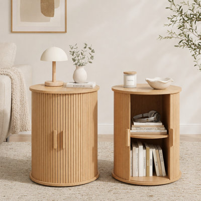 Set of 2 Round Fluted End Table, Modern Nightstand with Sliding Tambour Door,Adjustable Storage Shelf,Tall Side Table for Living Room Bedroom