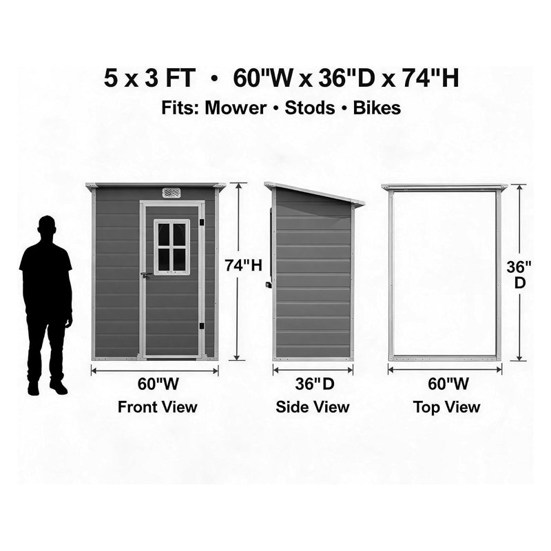 140cm W x 81cm D x 192cm H HDPE Resin Pent Garden Shed, 12mm Double Layer Waterproof Outdoor Storage Shed with Window, Lockable Door & Vent for Garden Tools