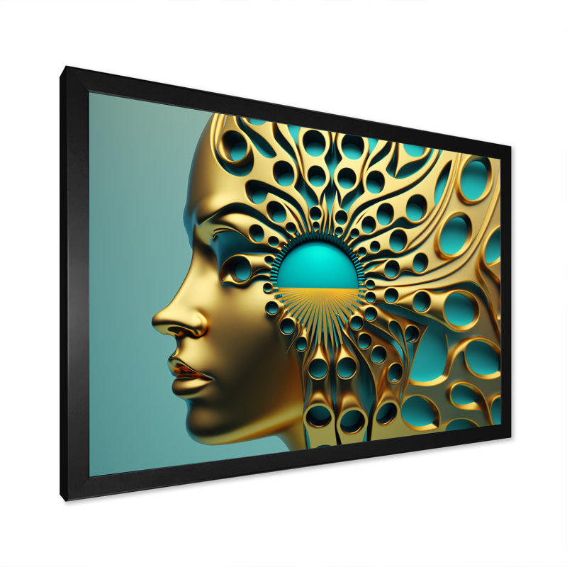 «Visionary Gold and Turquoise Goddess III», reproduction sur toile, H 30 po x l 40 po x P 1,5 po, Cadre photo noir