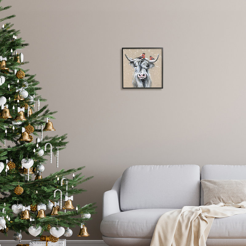 Peinture enneigée de bovins et d'oiseaux encadrés sur bois par Janet Tava, peinture, H 12 po x l 12 po