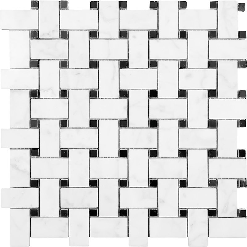 Bianco Carrara 1" x 2" Marble Basketweave Mosaic Wall & Floor Tile, Black