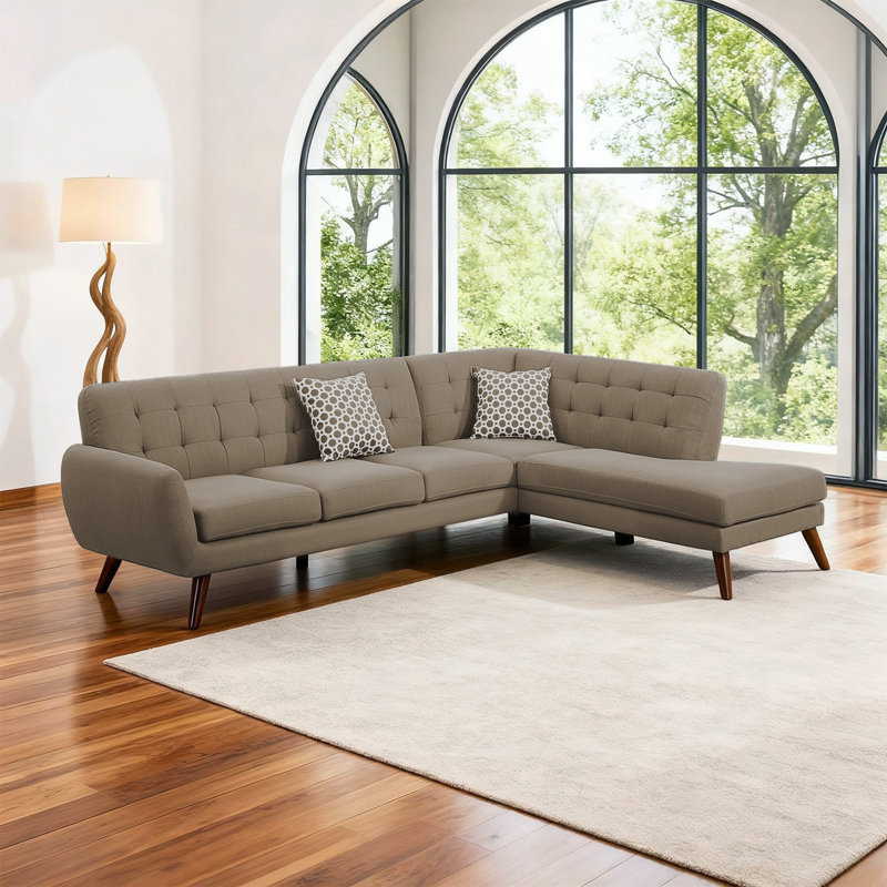 Canapé modulaire en L 2 pièces avec méridienne et tissu capitonné, Brun