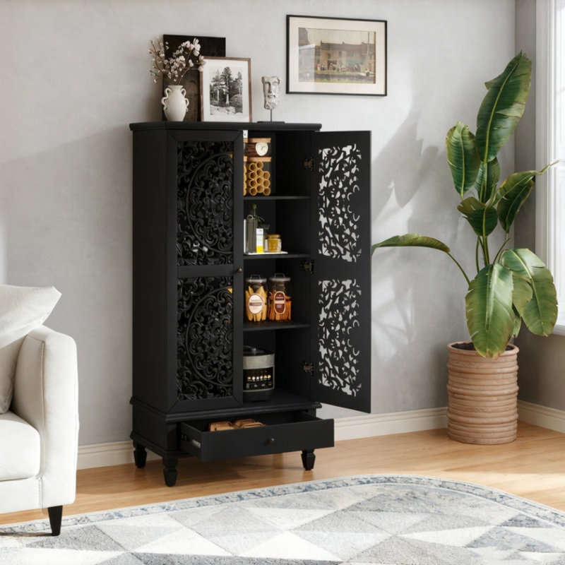 Rustic Tall Storage Cabinet With Drawer And Carved Wood Doors, Solid Wood Legs For Multi-Room Organization And Timeless Style.