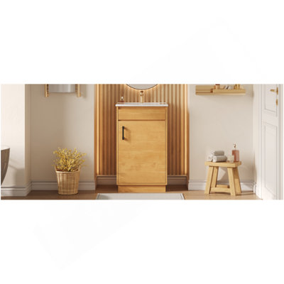 Meuble-lavabo de 20 pouces avec lavabo en céramique, ensemble de meuble-lavabo simple autoportant avec porte à fermeture douce, tablette réglable, style maison de campagne, bois naturel.