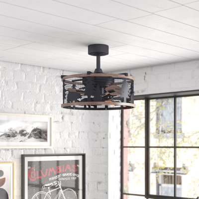 Anya 21 in. Oil Rubbed Bronze and Burnished Teak Indoor Rod Mount Rustic Fandelier Ceiling Fan with Anigre Blades, Dimmable LED Light Kit and Remote Control Included, 3 Speeds, Caged Drum Shade