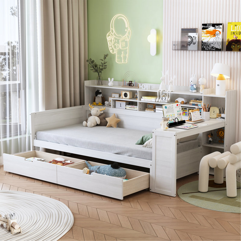 Wooden Twin Size Daybed With Storage Shelves, Multi-Functional Bed With Two Storage Drawers And  Study Desk, Antique White