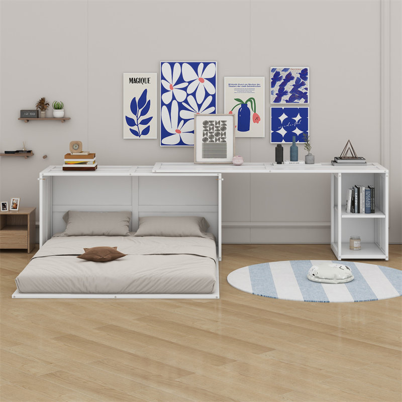 Queen Size Murphy Bed With Rotable Desk, White