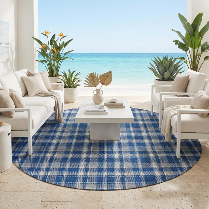 Tapis d'intérieur rond 8 po rond bleu marine et ivoire lavable antidérapant
