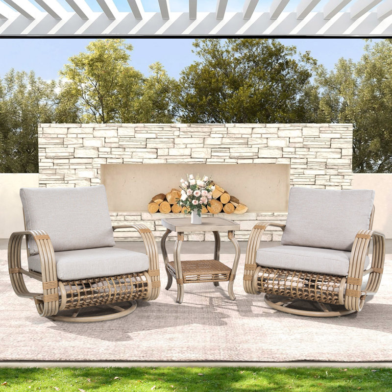Patio 2 Person Swivel Aluminum Conversation Set With Cushions And Square 2-Tier Side Table