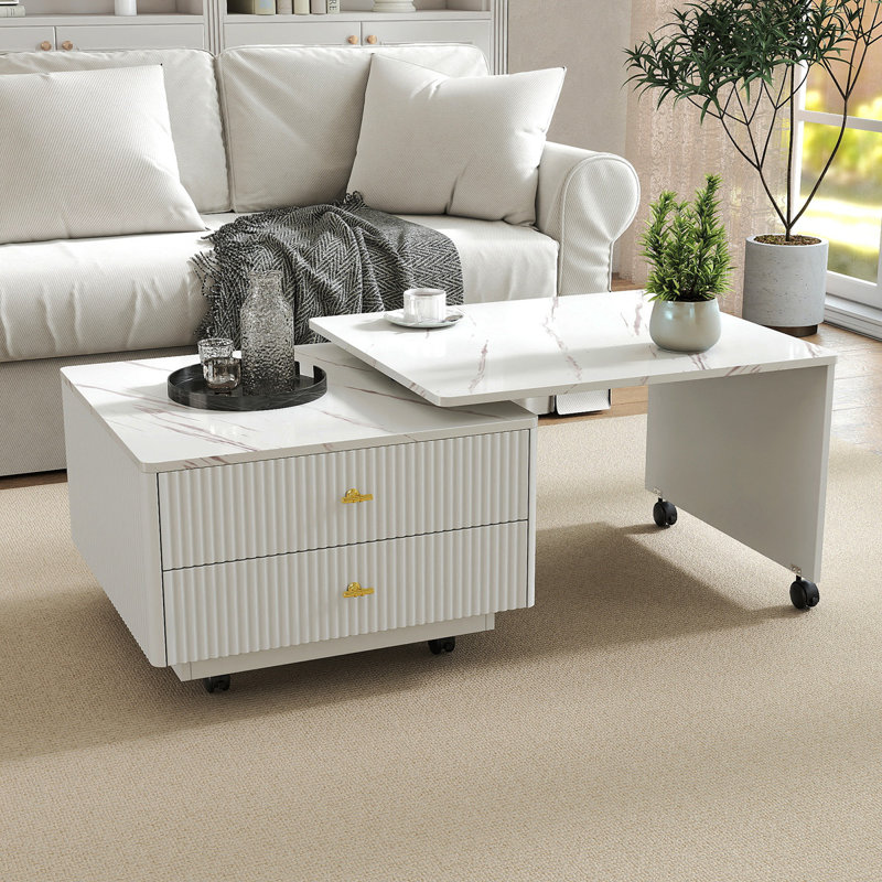 Table basse extensible avec rangement, table de salon réversible à 2 tiroirs et à 6 roulettes, blanc
