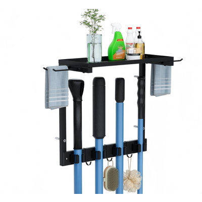 Broom Holder Wall Mount With Cleaning Supplies Organizer, Laundry Room Organization And Storage Shelves, Mop Hanger Broom Rack With Hooks, Home Improvement Kitchen Shelf Garage Organizer