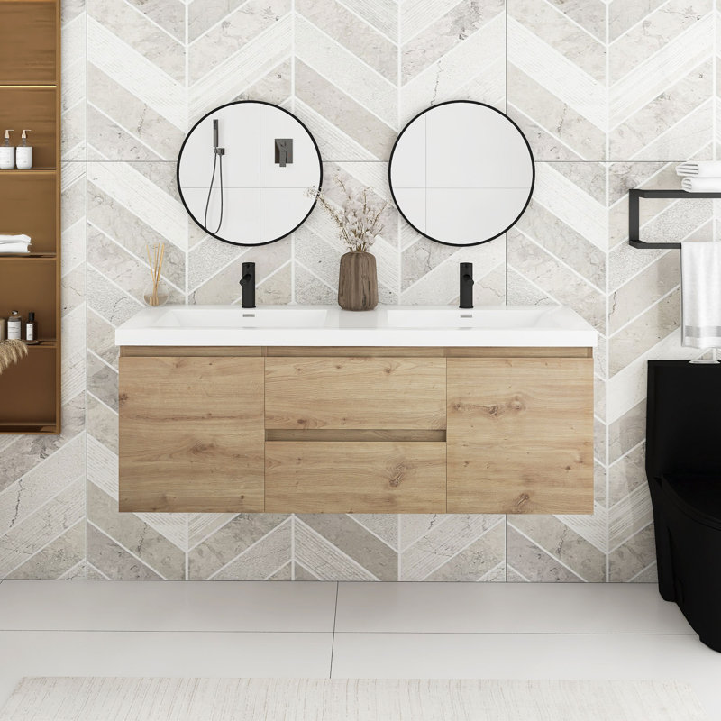 Meuble-lavabo sur pied simple avec plateau en résine, Chêne clair