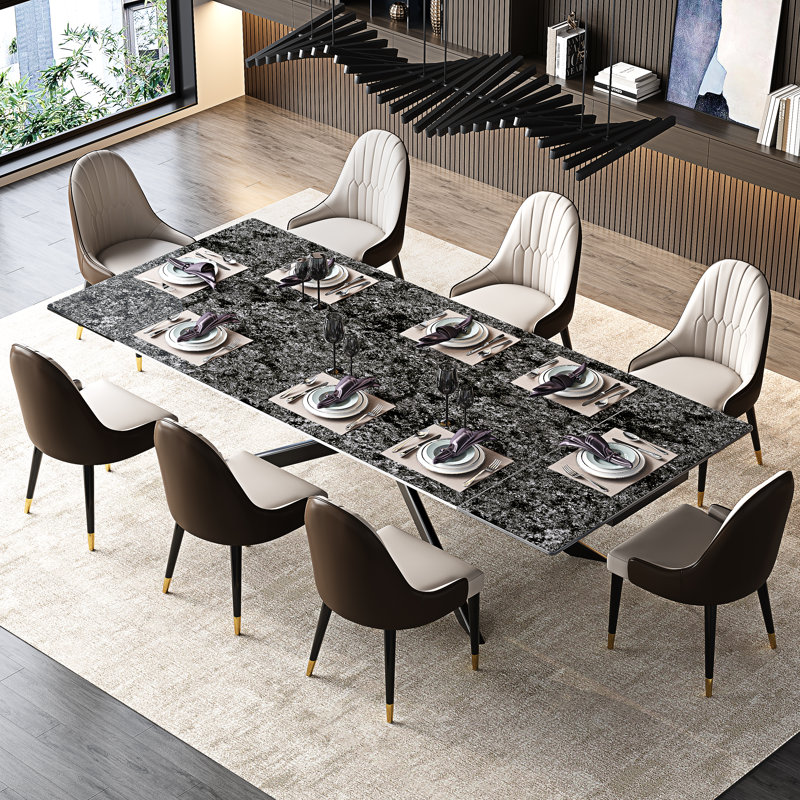 Vetler 9 - Piece 110.23'' Extendable Rectangular Sintered Stone Dining Table with 8 Leather Chairs Dining Set, Black