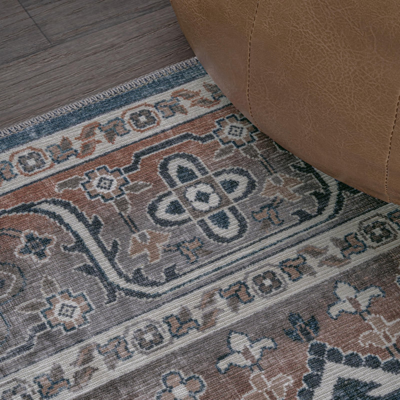 Alacati Ogee Medallion Machine-Washable Navy/Brown Rug, Runner 2' x 8'