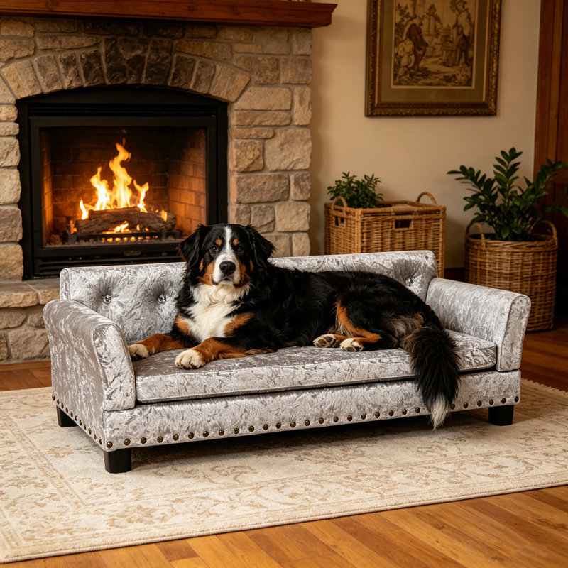 Canapé-lit orthopédique pour chien avec mousse plate, cadre en bois massif et housse de coussin lavable